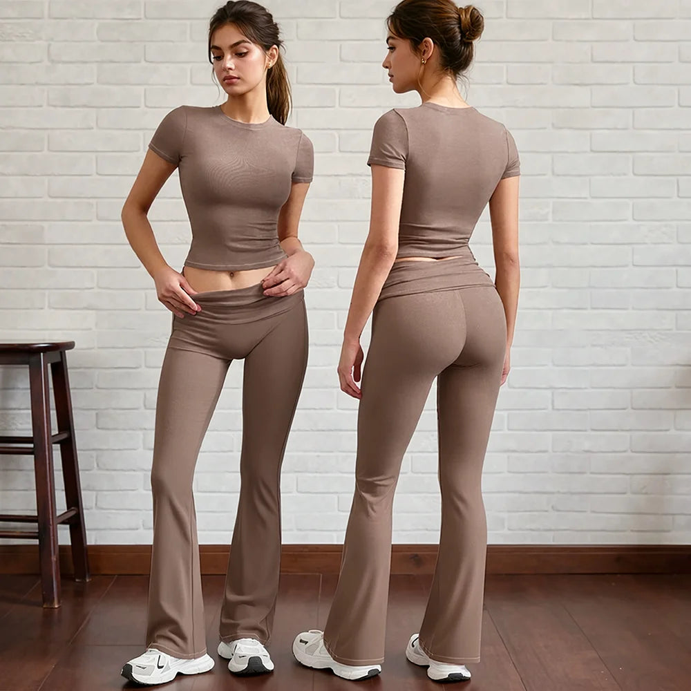 2 Pieces Sports Sets Short Sleeve Seamless Yoga Top Fitness Set Women Workout Running Sports Wid Leg Leggings Gym Suits Female