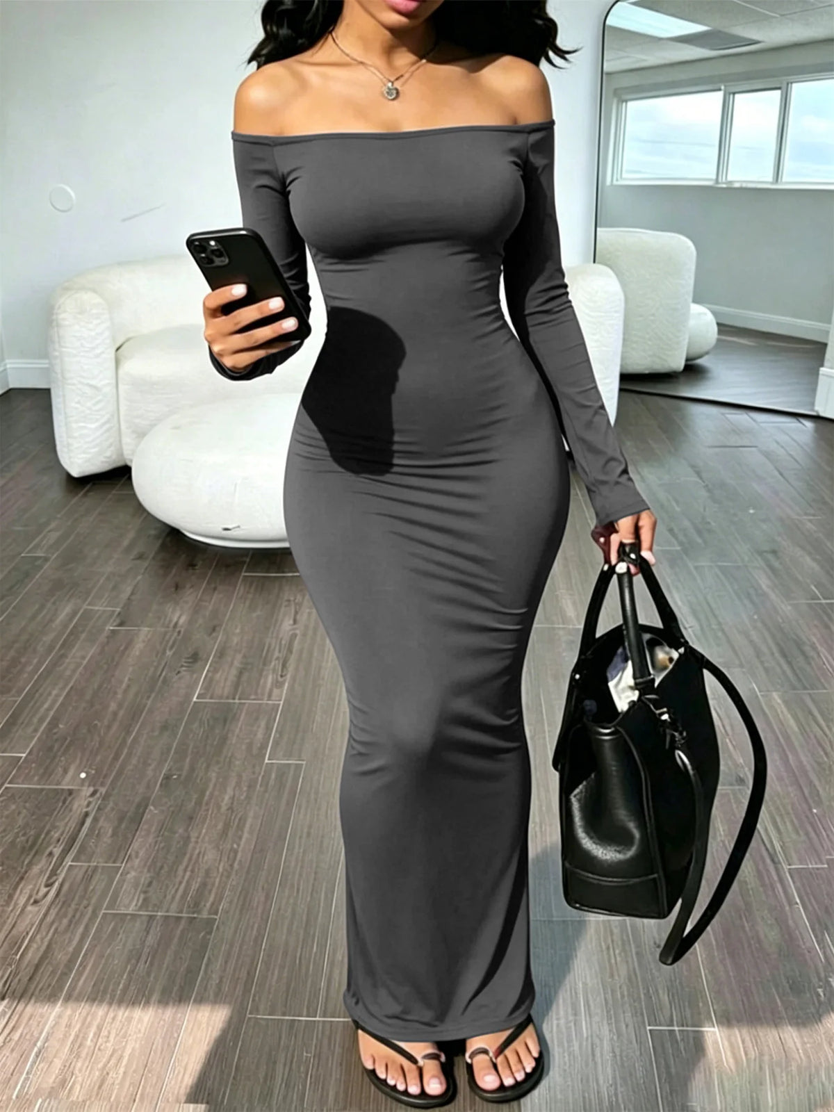 Women Off Shoulder Long Sleeve Maxi Dress, Slim Fit Bodycon Long Dress, Elegant Party Night Out Pencil Dress