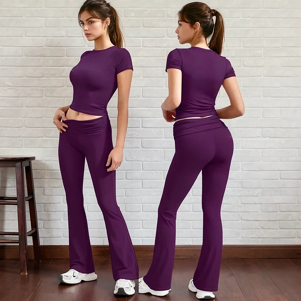 2 Pieces Sports Sets Short Sleeve Seamless Yoga Top Fitness Set Women Workout Running Sports Wid Leg Leggings Gym Suits Female