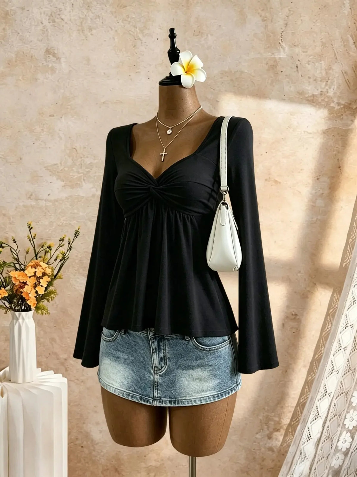 Women Square Neck Twist Front Long Sleeve Top Flare Sleeve Peplum Hem Slim Fit Crop Tee Y2K Casual Sexy Basic Fitted Shirt