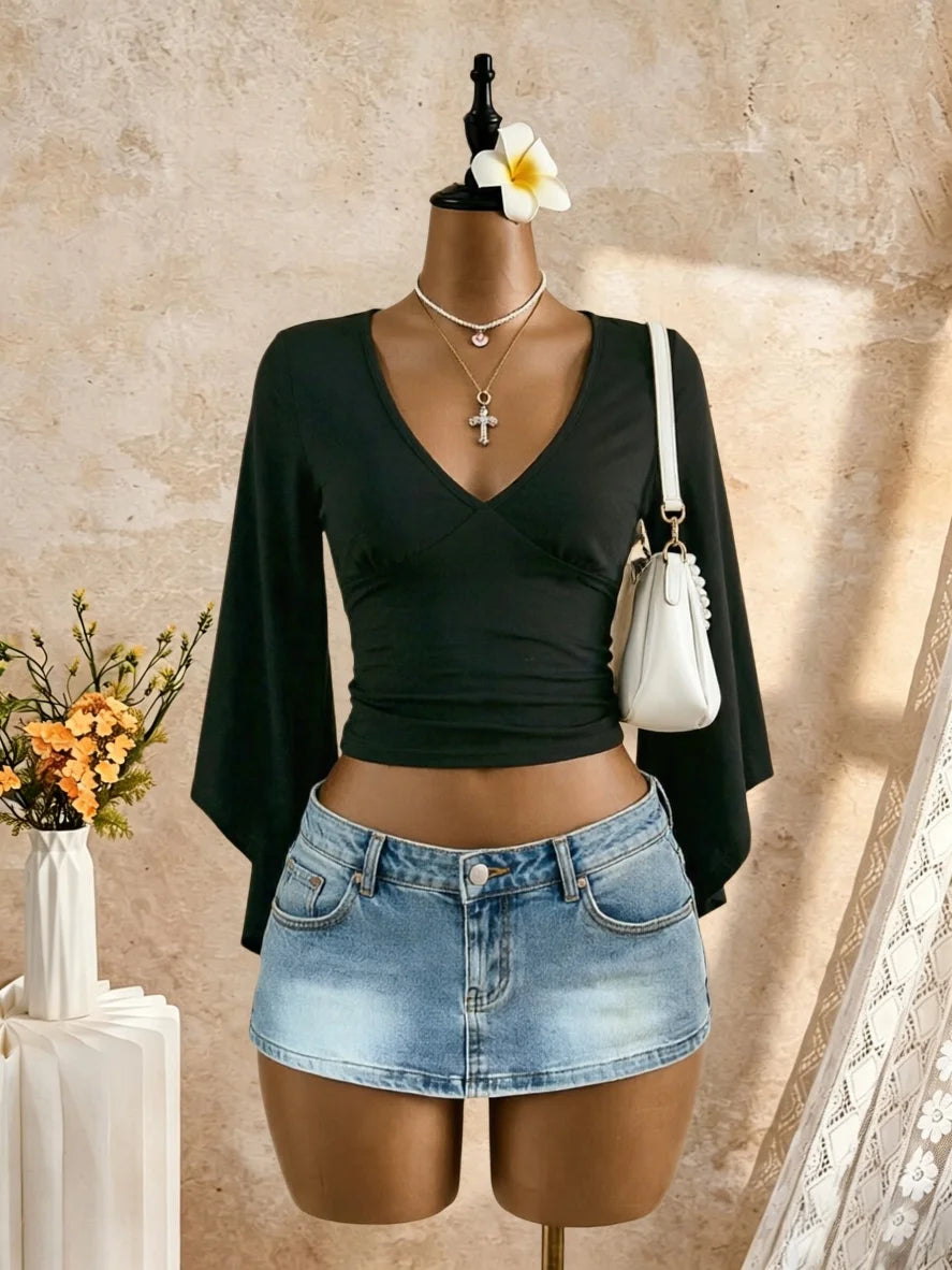 Women Deep V Neck Surplice Wrap Bell Flare Long Sleeve Empire Waist Fitted Crop Top Ruched Bust Side Shirred Slim Fit Casual Blo