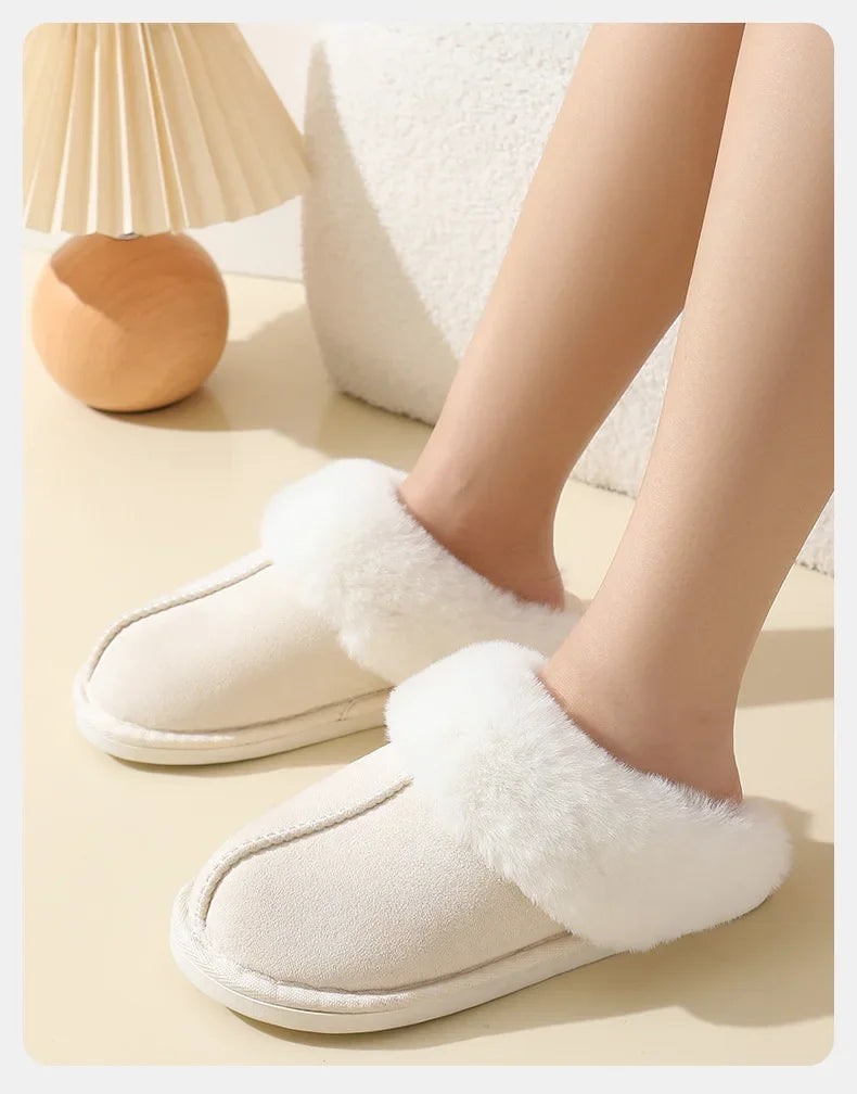 Winter Suede Fur Slippers Women Thick Sole Anti Slip Warm Indoor House Shoes