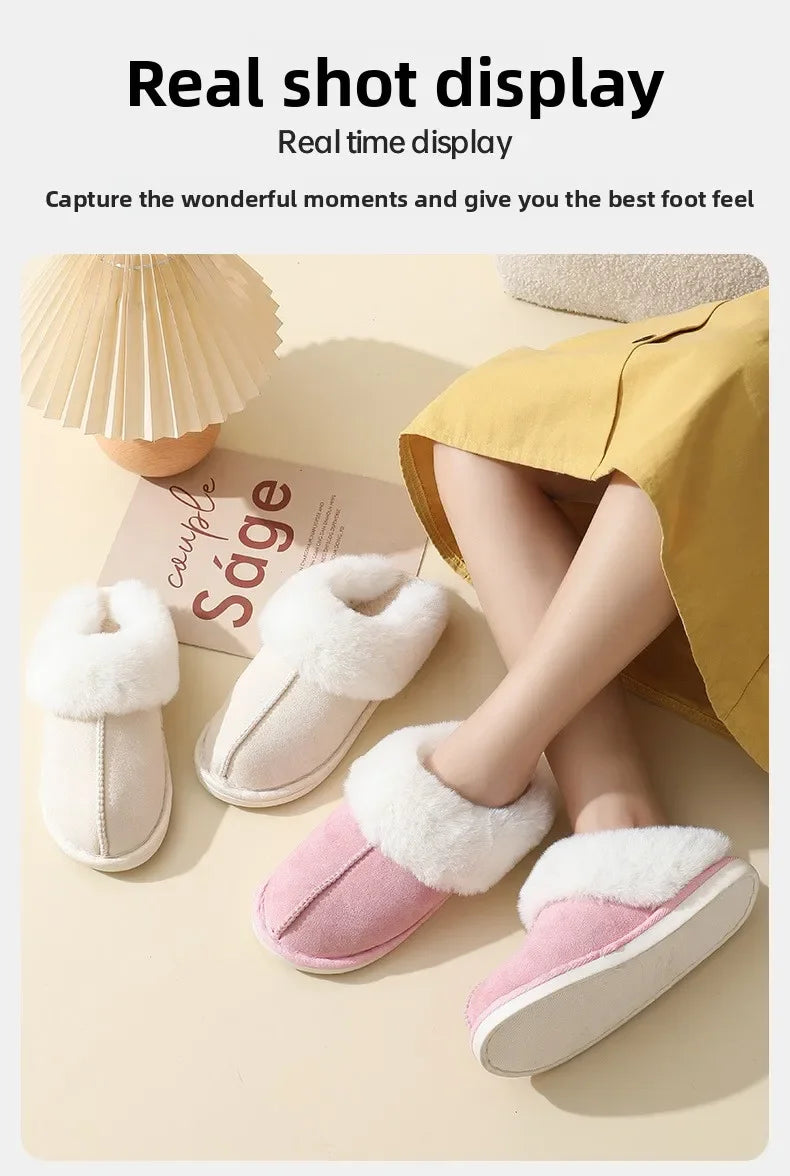 Winter Suede Fur Slippers Women Thick Sole Anti Slip Warm Indoor House Shoes
