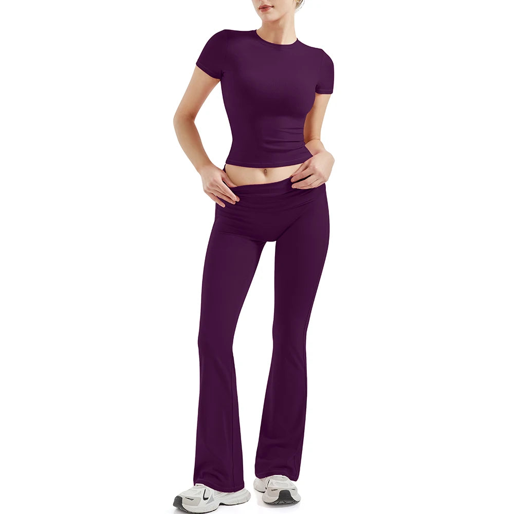 2 Pieces Sports Sets Short Sleeve Seamless Yoga Top Fitness Set Women Workout Running Sports Wid Leg Leggings Gym Suits Female