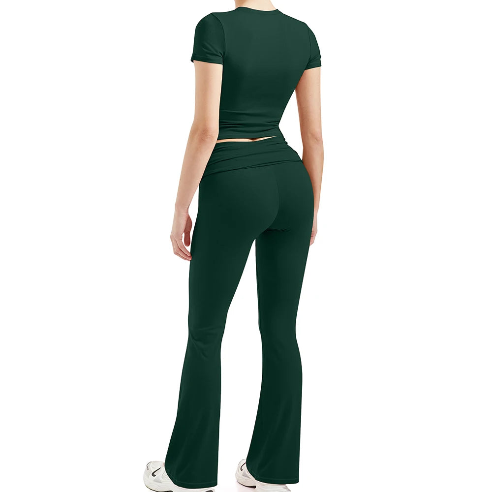 2 Pieces Sports Sets Short Sleeve Seamless Yoga Top Fitness Set Women Workout Running Sports Wid Leg Leggings Gym Suits Female