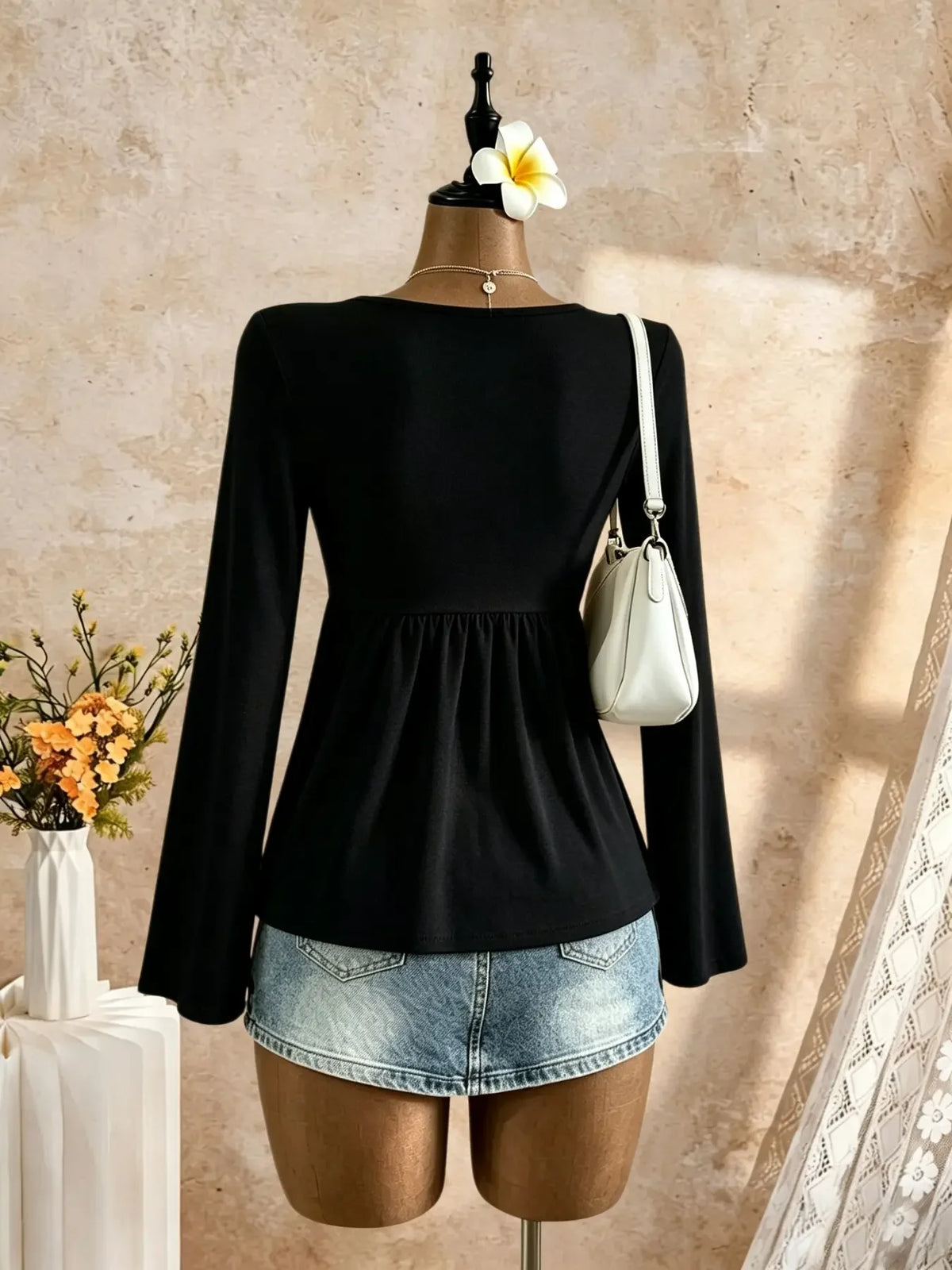 Women Square Neck Twist Front Long Sleeve Top Flare Sleeve Peplum Hem Slim Fit Crop Tee Y2K Casual Sexy Basic Fitted Shirt