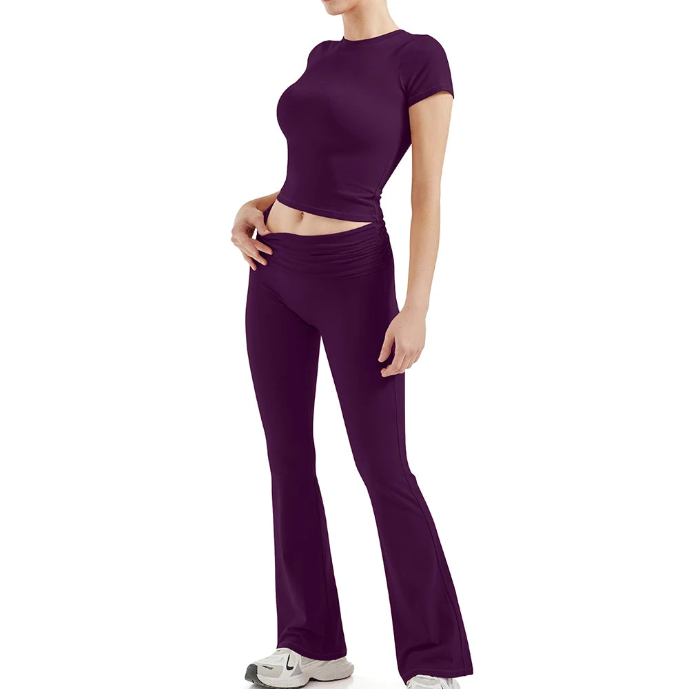 2 Pieces Sports Sets Short Sleeve Seamless Yoga Top Fitness Set Women Workout Running Sports Wid Leg Leggings Gym Suits Female