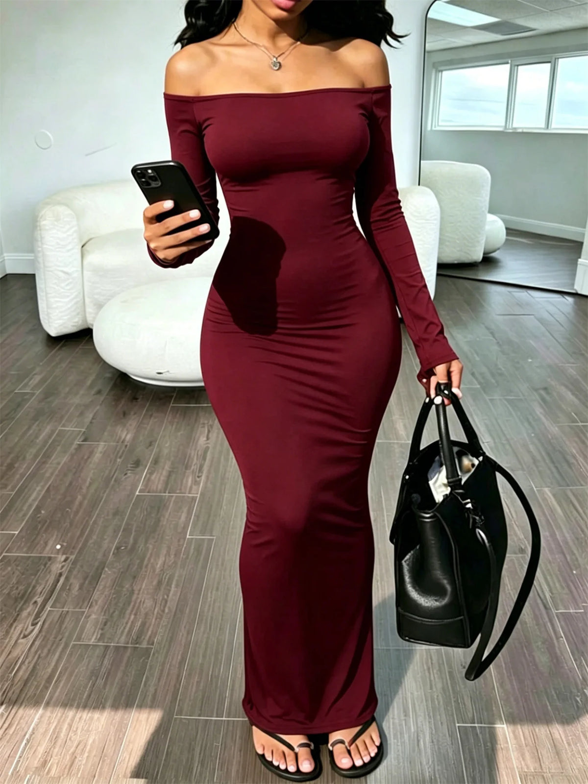 Women Off Shoulder Long Sleeve Maxi Dress, Slim Fit Bodycon Long Dress, Elegant Party Night Out Pencil Dress