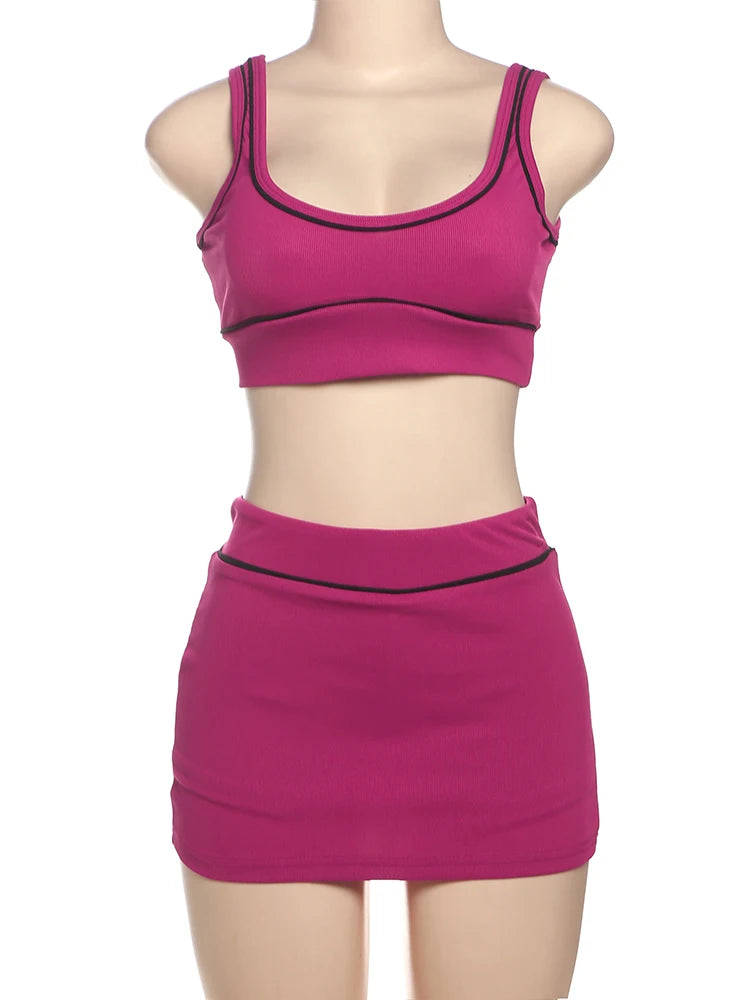Nibber Skinny Ribbed 2 Piece Set Women Black String Backless Tank Tops+Side Split Shorts Skirt 2025 Summer Trend Matching Suits