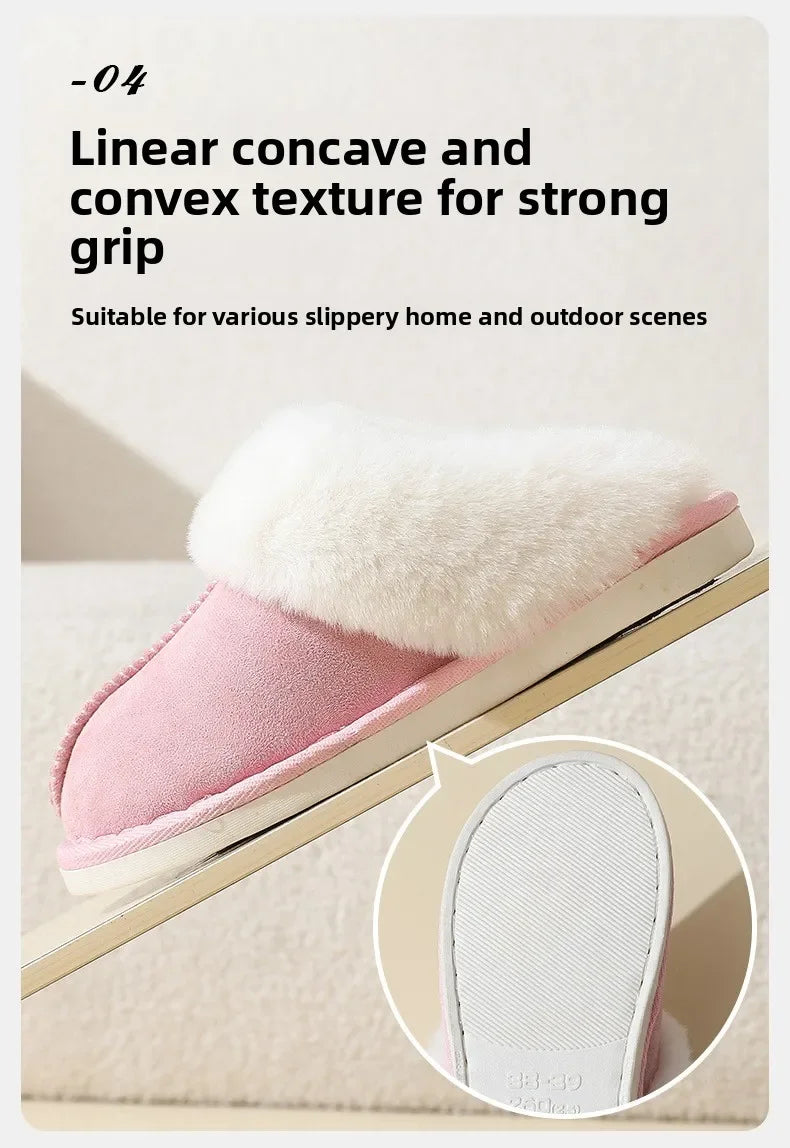 Winter Suede Fur Slippers Women Thick Sole Anti Slip Warm Indoor House Shoes