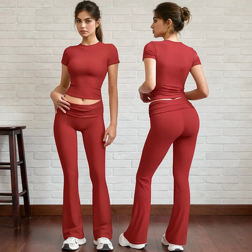 2 Pieces Sports Sets Short Sleeve Seamless Yoga Top Fitness Set Women Workout Running Sports Wid Leg Leggings Gym Suits Female