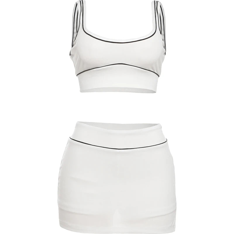 Nibber Skinny Ribbed 2 Piece Set Women Black String Backless Tank Tops+Side Split Shorts Skirt 2025 Summer Trend Matching Suits