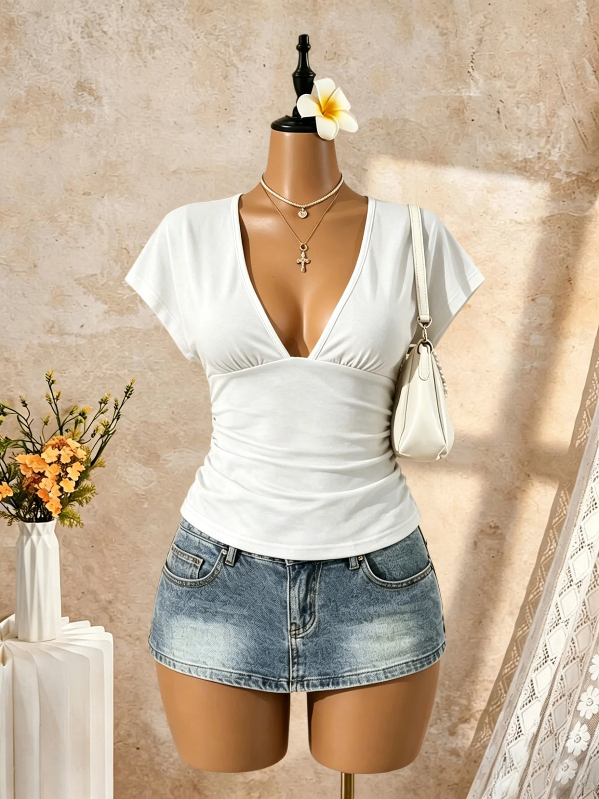 Deep V Ruched Crop Top
