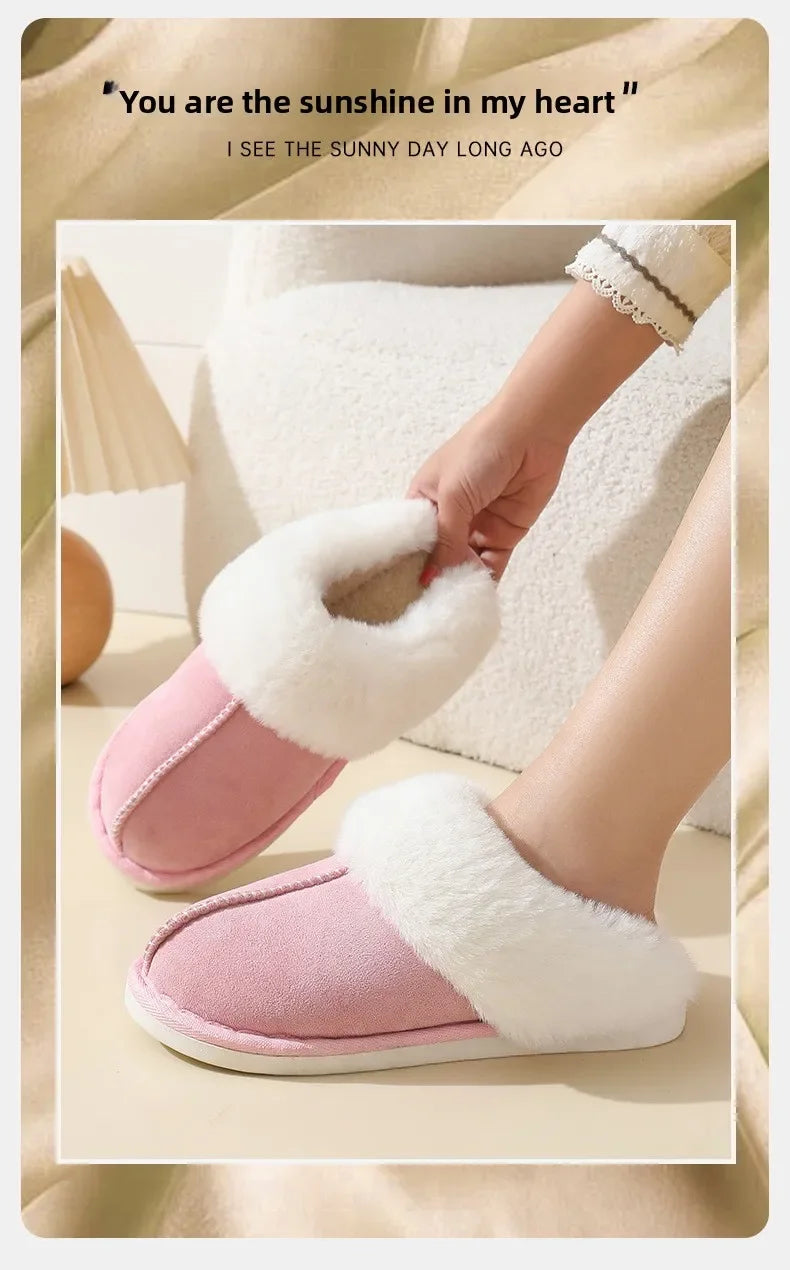 Winter Suede Fur Slippers Women Thick Sole Anti Slip Warm Indoor House Shoes