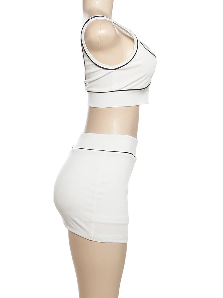 Nibber Skinny Ribbed 2 Piece Set Women Black String Backless Tank Tops+Side Split Shorts Skirt 2025 Summer Trend Matching Suits