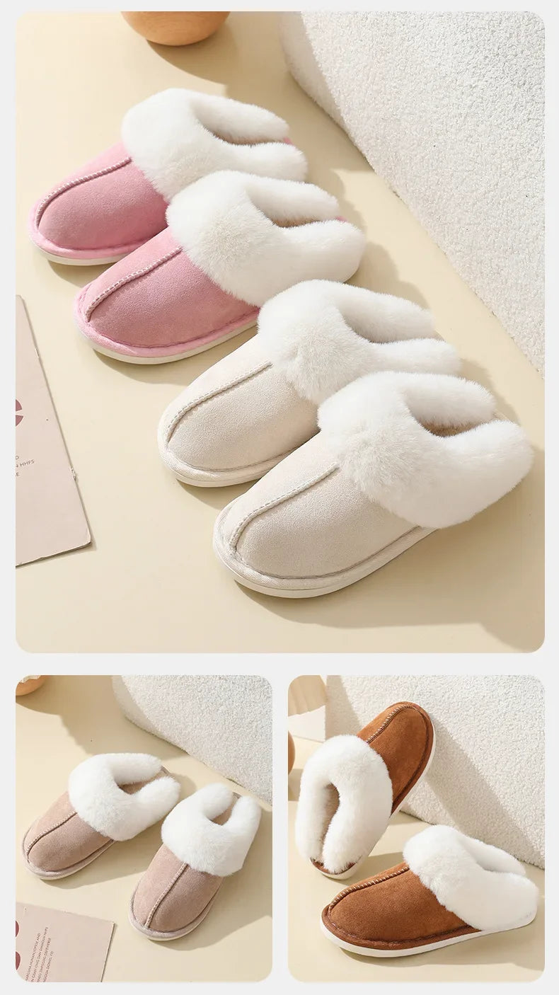 Winter Suede Fur Slippers Women Thick Sole Anti Slip Warm Indoor House Shoes