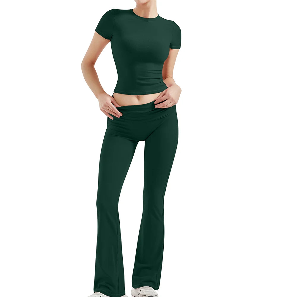 2 Pieces Sports Sets Short Sleeve Seamless Yoga Top Fitness Set Women Workout Running Sports Wid Leg Leggings Gym Suits Female