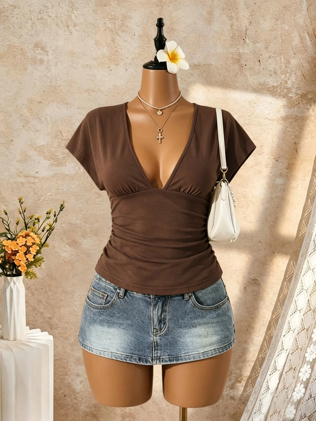 Deep V Ruched Crop Top
