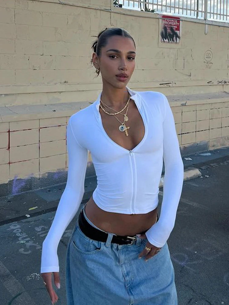 Fashion Sexy T Shirts Women Streetwear Regular Casual Solid Zipper Long Sleeve Blusas Slim Bodycon Skinny Elegant Tees Female