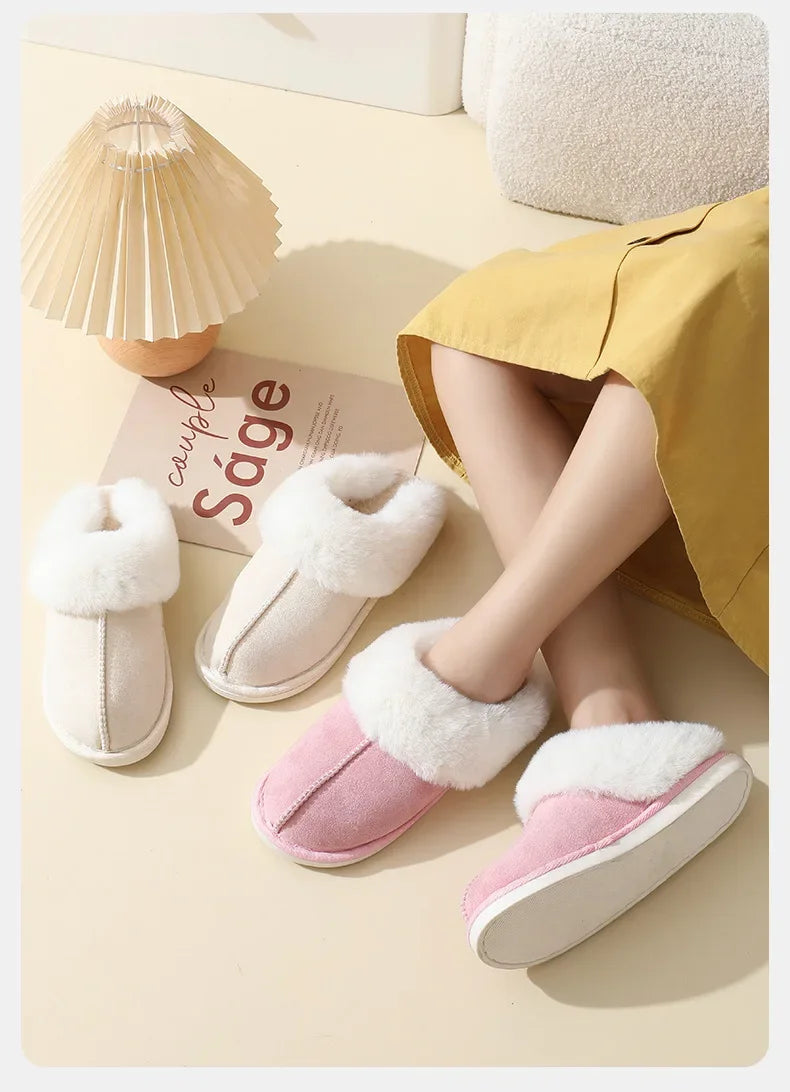 Winter Suede Fur Slippers Women Thick Sole Anti Slip Warm Indoor House Shoes