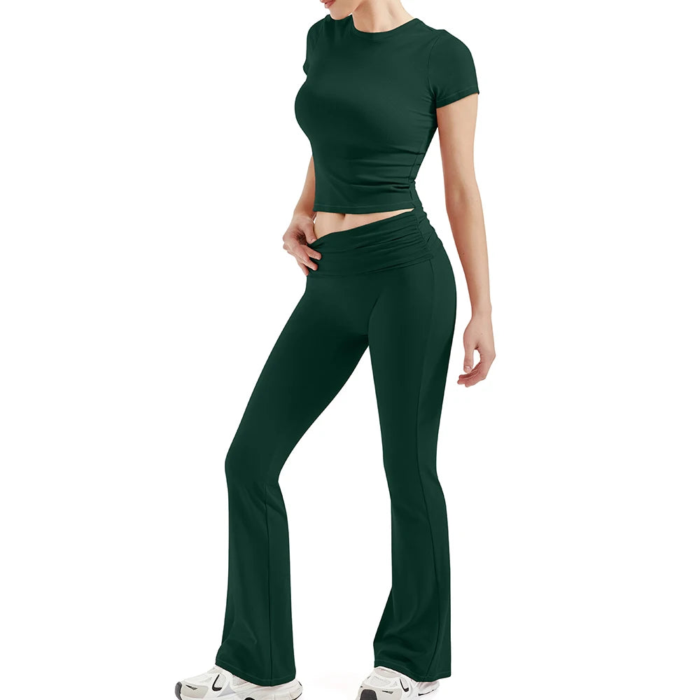 2 Pieces Sports Sets Short Sleeve Seamless Yoga Top Fitness Set Women Workout Running Sports Wid Leg Leggings Gym Suits Female