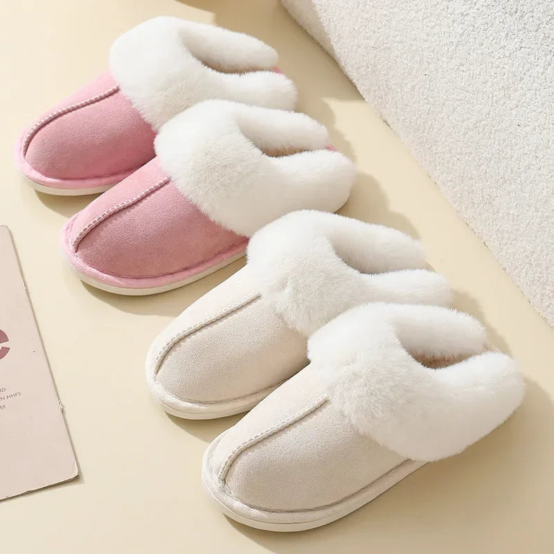 Winter Suede Fur Slippers Women Thick Sole Anti Slip Warm Indoor House Shoes