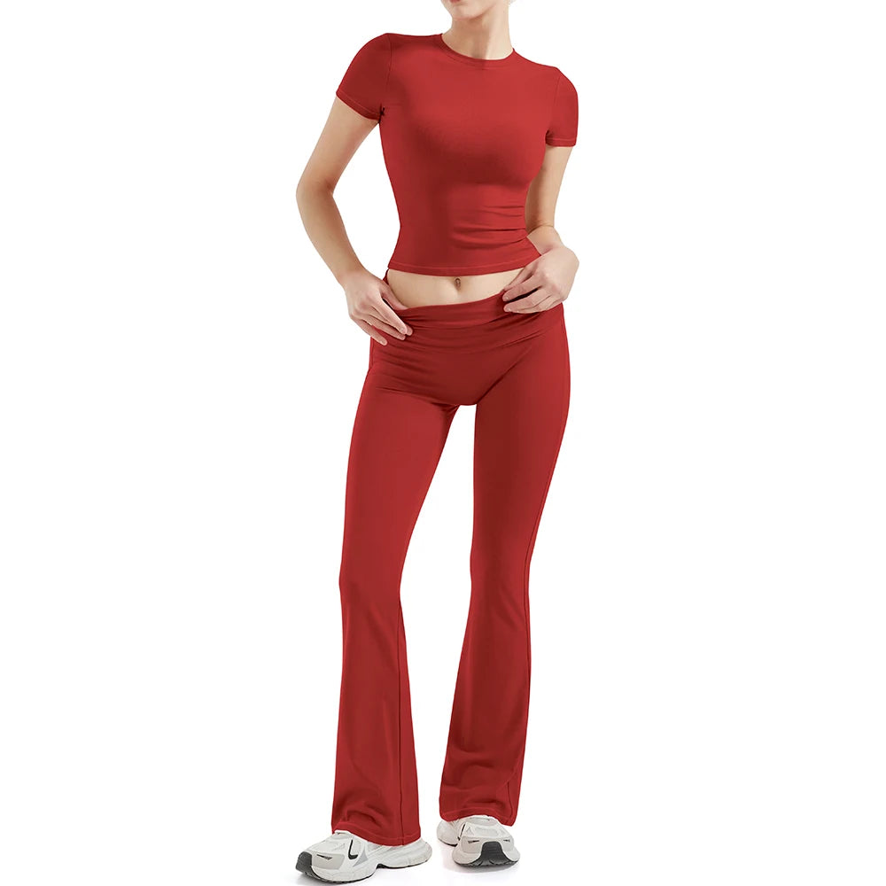 2 Pieces Sports Sets Short Sleeve Seamless Yoga Top Fitness Set Women Workout Running Sports Wid Leg Leggings Gym Suits Female