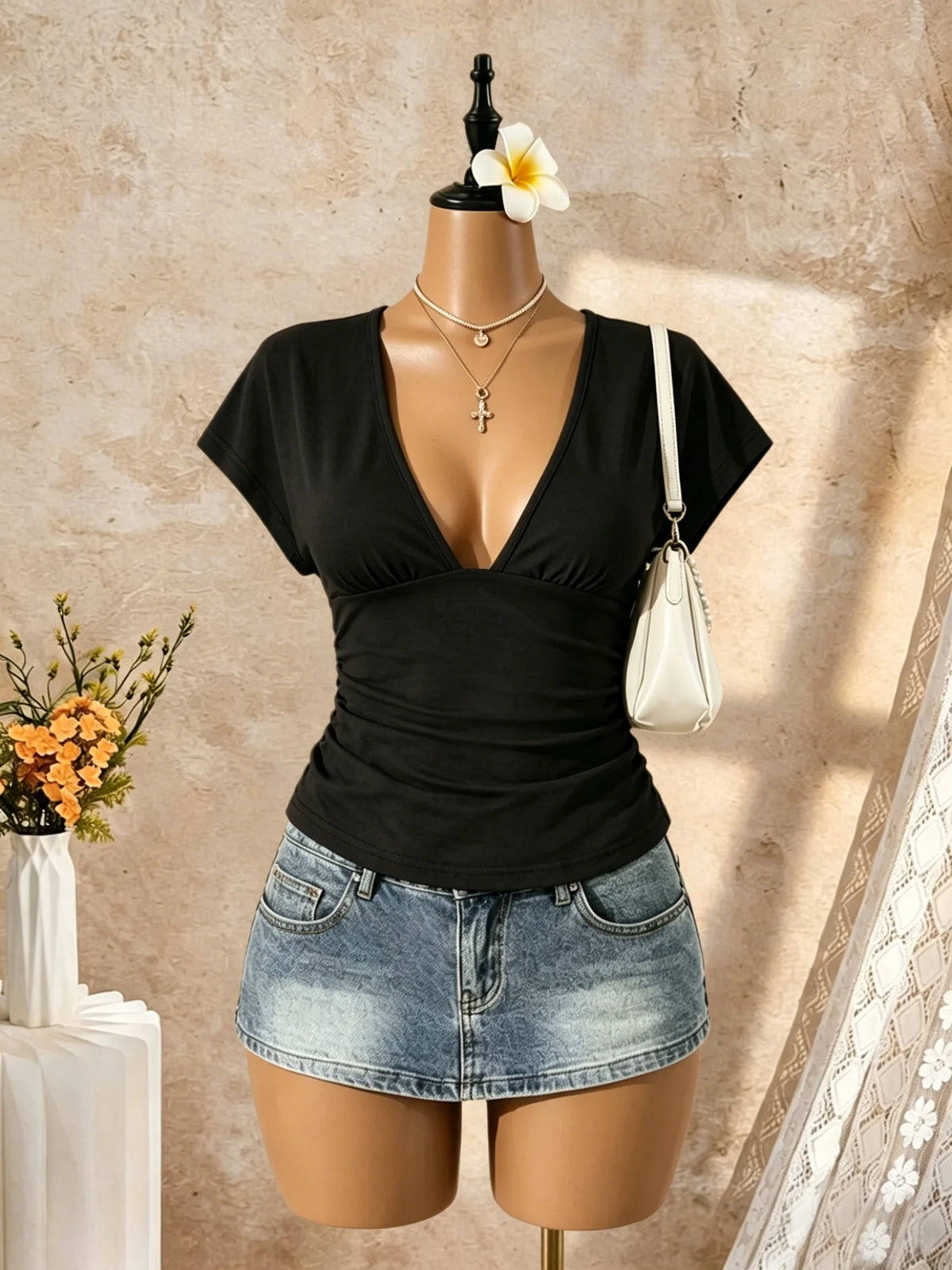 Deep V Ruched Crop Top