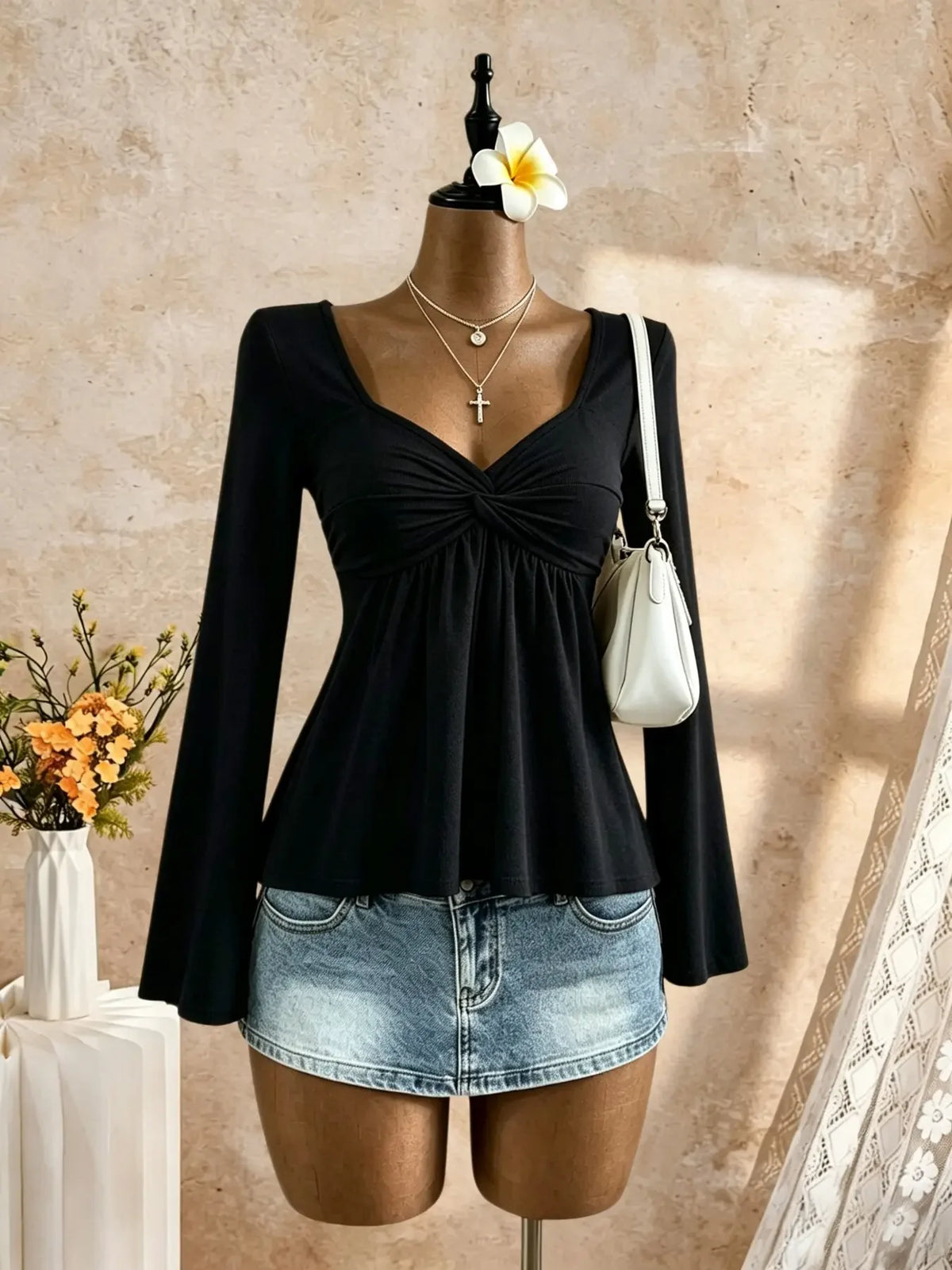 Women Square Neck Twist Front Long Sleeve Top Flare Sleeve Peplum Hem Slim Fit Crop Tee Y2K Casual Sexy Basic Fitted Shirt
