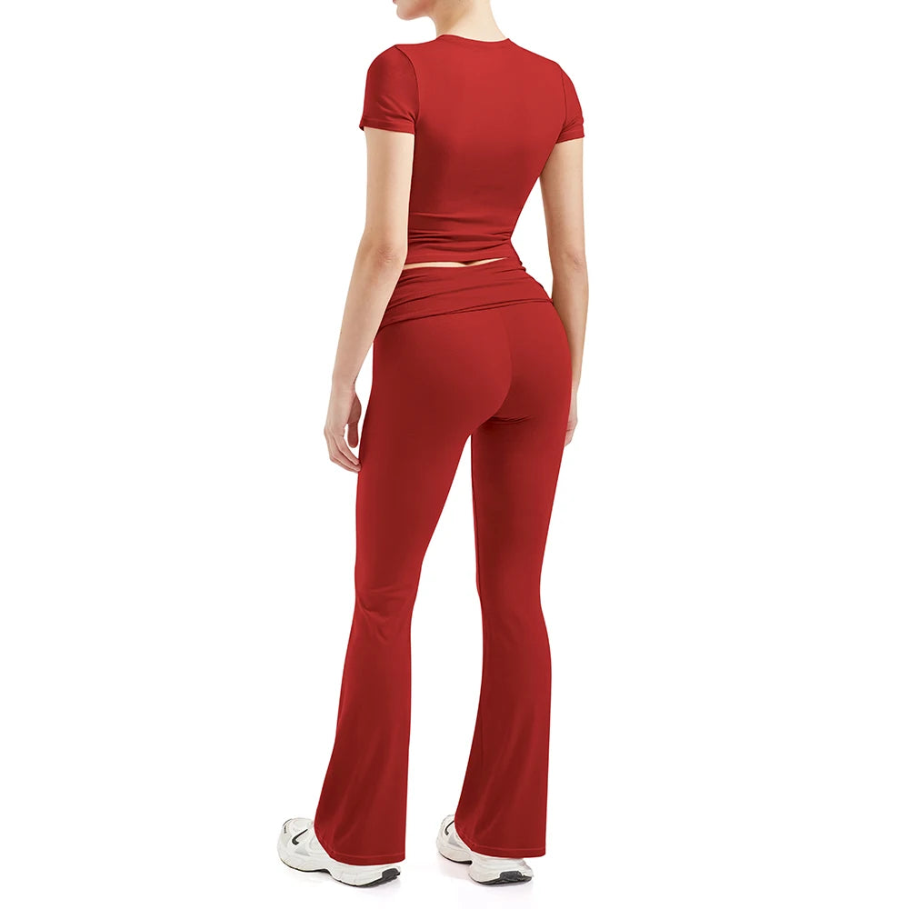 2 Pieces Sports Sets Short Sleeve Seamless Yoga Top Fitness Set Women Workout Running Sports Wid Leg Leggings Gym Suits Female