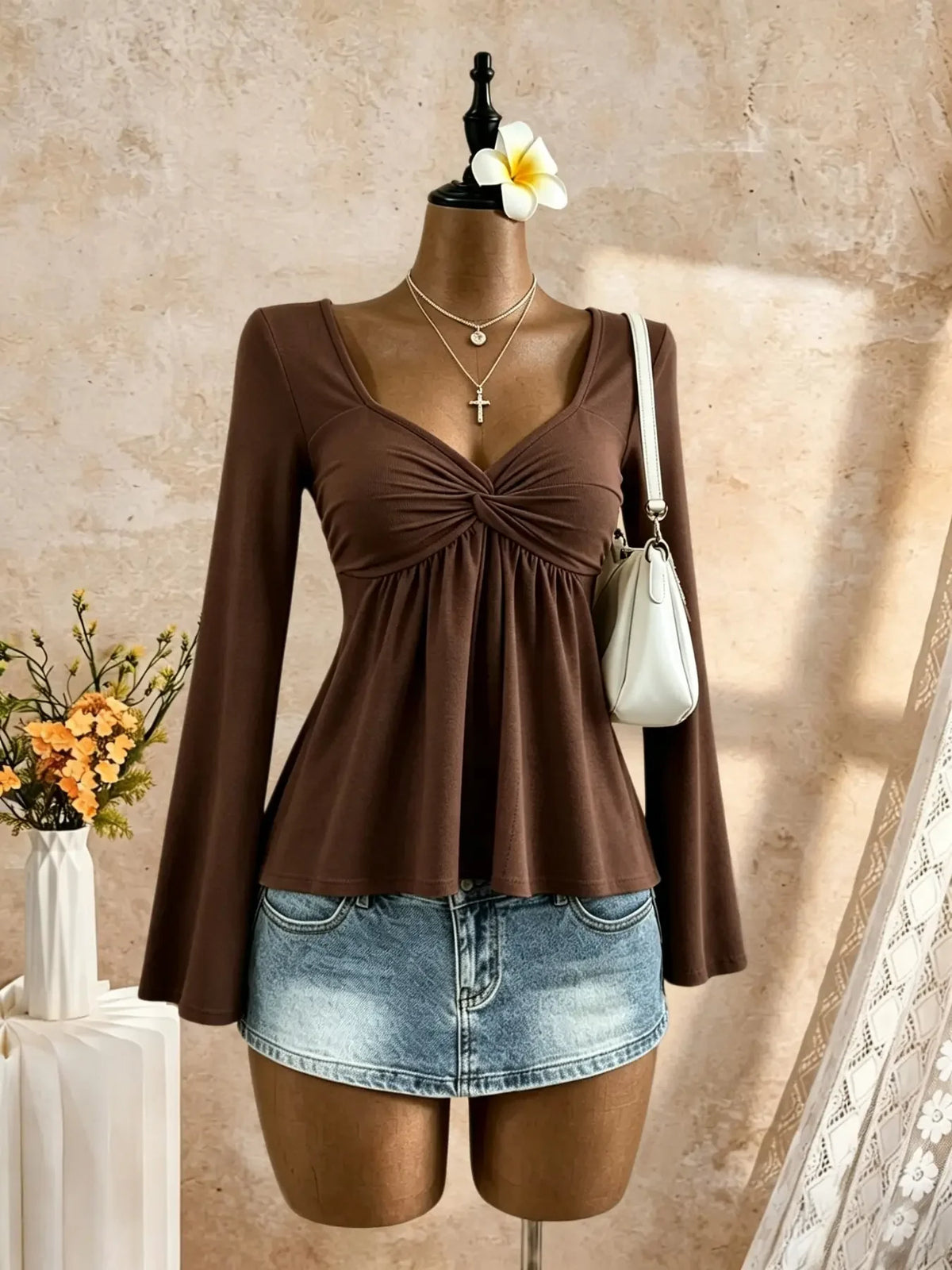 Women Square Neck Twist Front Long Sleeve Top Flare Sleeve Peplum Hem Slim Fit Crop Tee Y2K Casual Sexy Basic Fitted Shirt