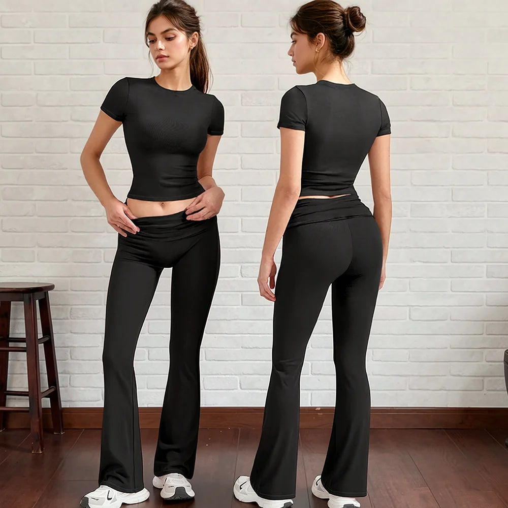 2 Pieces Sports Sets Short Sleeve Seamless Yoga Top Fitness Set Women Workout Running Sports Wid Leg Leggings Gym Suits Female