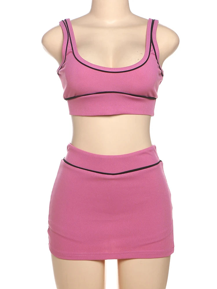 Nibber Skinny Ribbed 2 Piece Set Women Black String Backless Tank Tops+Side Split Shorts Skirt 2025 Summer Trend Matching Suits
