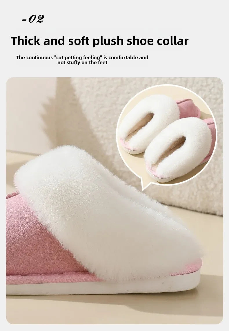 Winter Suede Fur Slippers Women Thick Sole Anti Slip Warm Indoor House Shoes