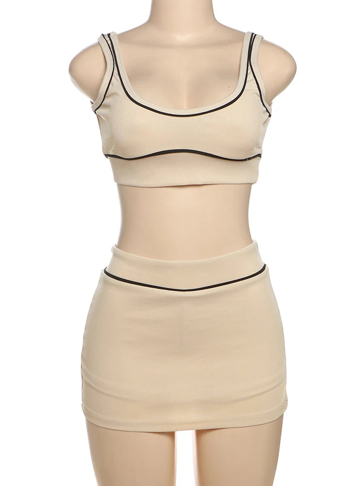 Nibber Skinny Ribbed 2 Piece Set Women Black String Backless Tank Tops+Side Split Shorts Skirt 2025 Summer Trend Matching Suits