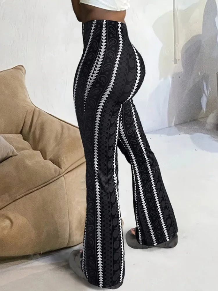 Women Pants Retro Print Flared Leggings Sexy Slim Fit Casual Pants Street Style 2025 Spring Summer Fashion Long Trousers