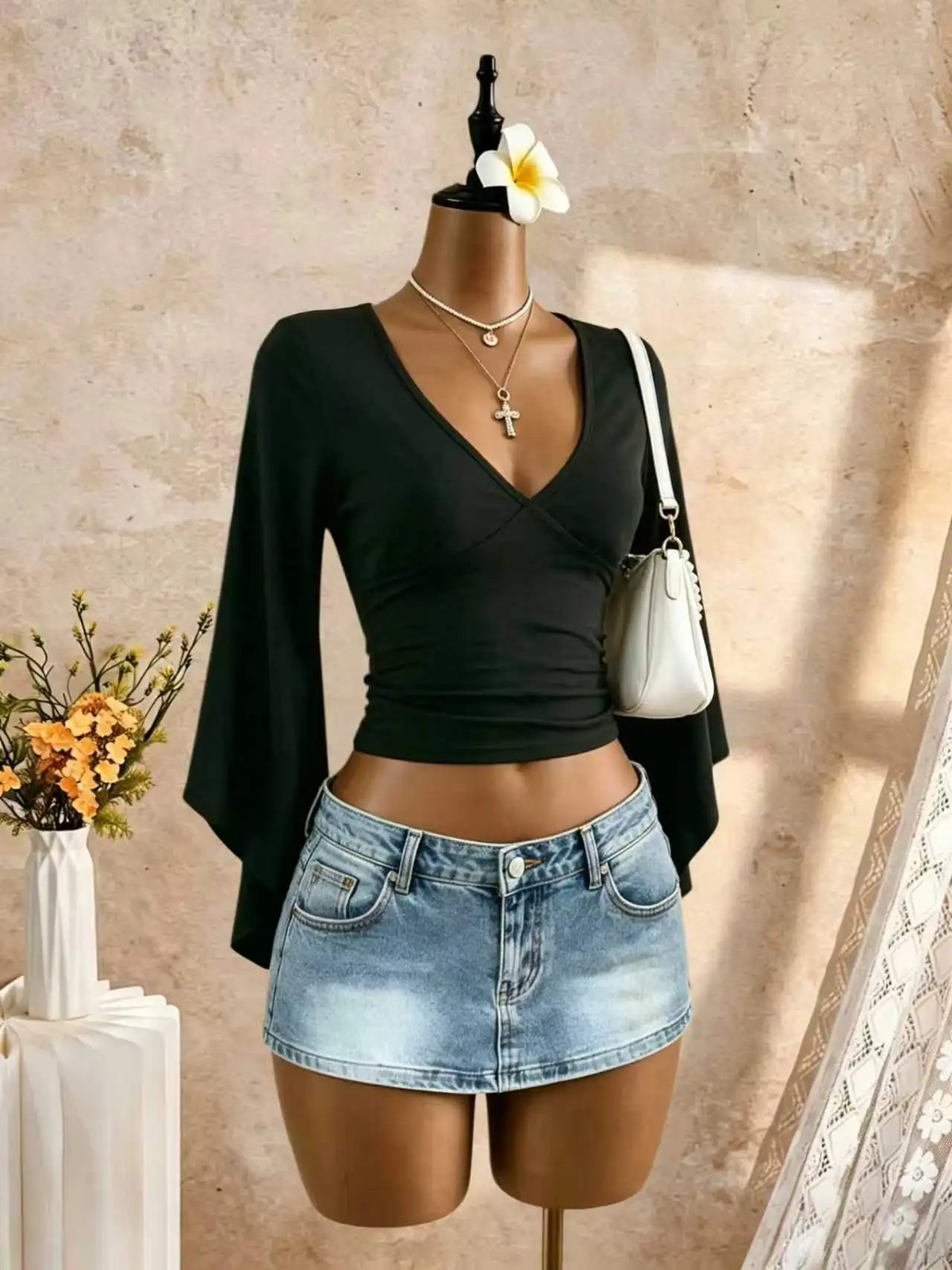 Women Deep V Neck Surplice Wrap Bell Flare Long Sleeve Empire Waist Fitted Crop Top Ruched Bust Side Shirred Slim Fit Casual Blo