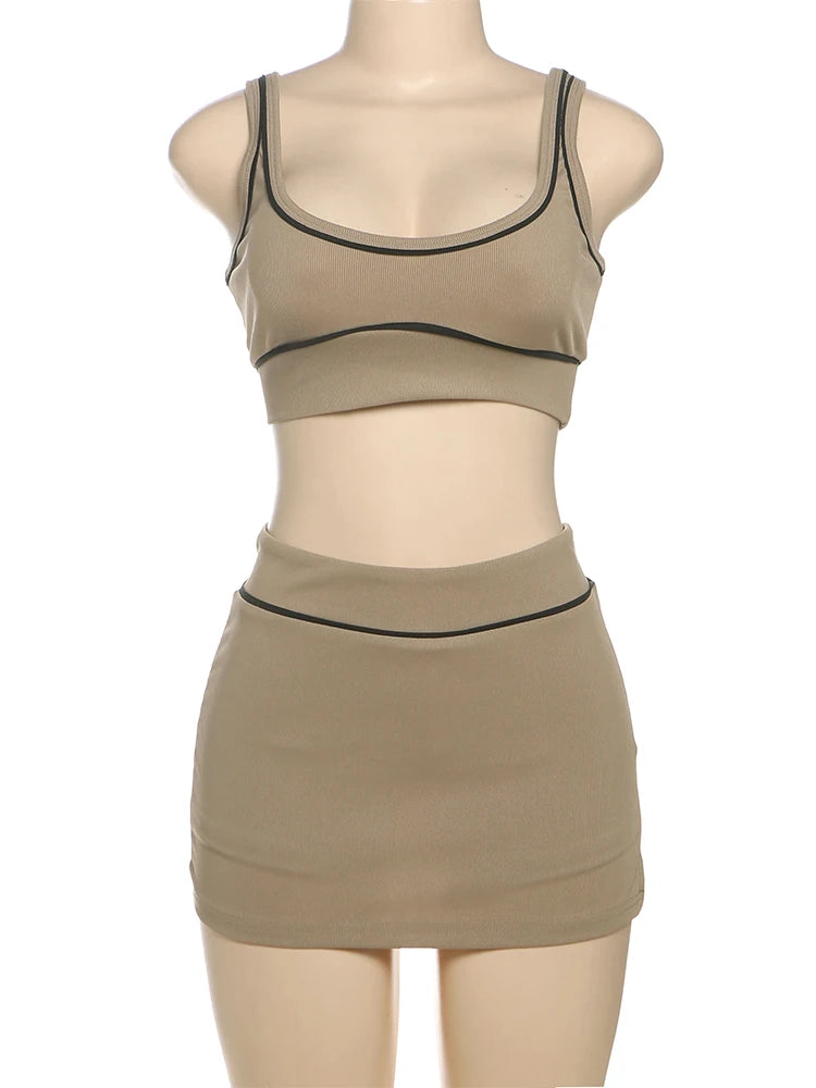 Nibber Skinny Ribbed 2 Piece Set Women Black String Backless Tank Tops+Side Split Shorts Skirt 2025 Summer Trend Matching Suits