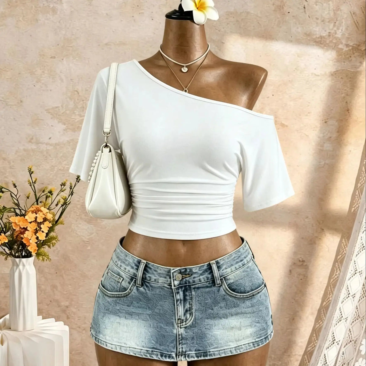 One-Shoulder Ruched Crop Top — Color Edit