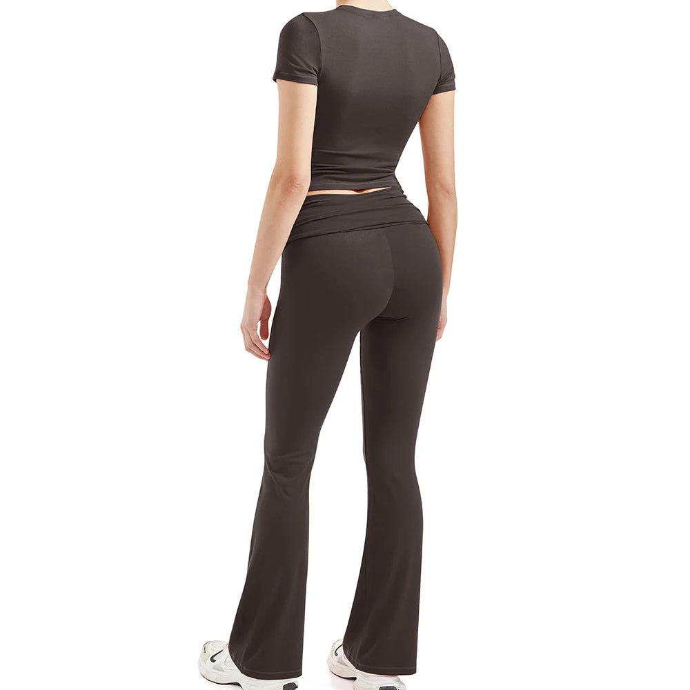 2 Pieces Sports Sets Short Sleeve Seamless Yoga Top Fitness Set Women Workout Running Sports Wid Leg Leggings Gym Suits Female
