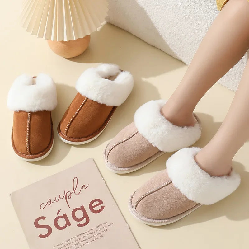 Winter Suede Fur Slippers Women Thick Sole Anti Slip Warm Indoor House Shoes