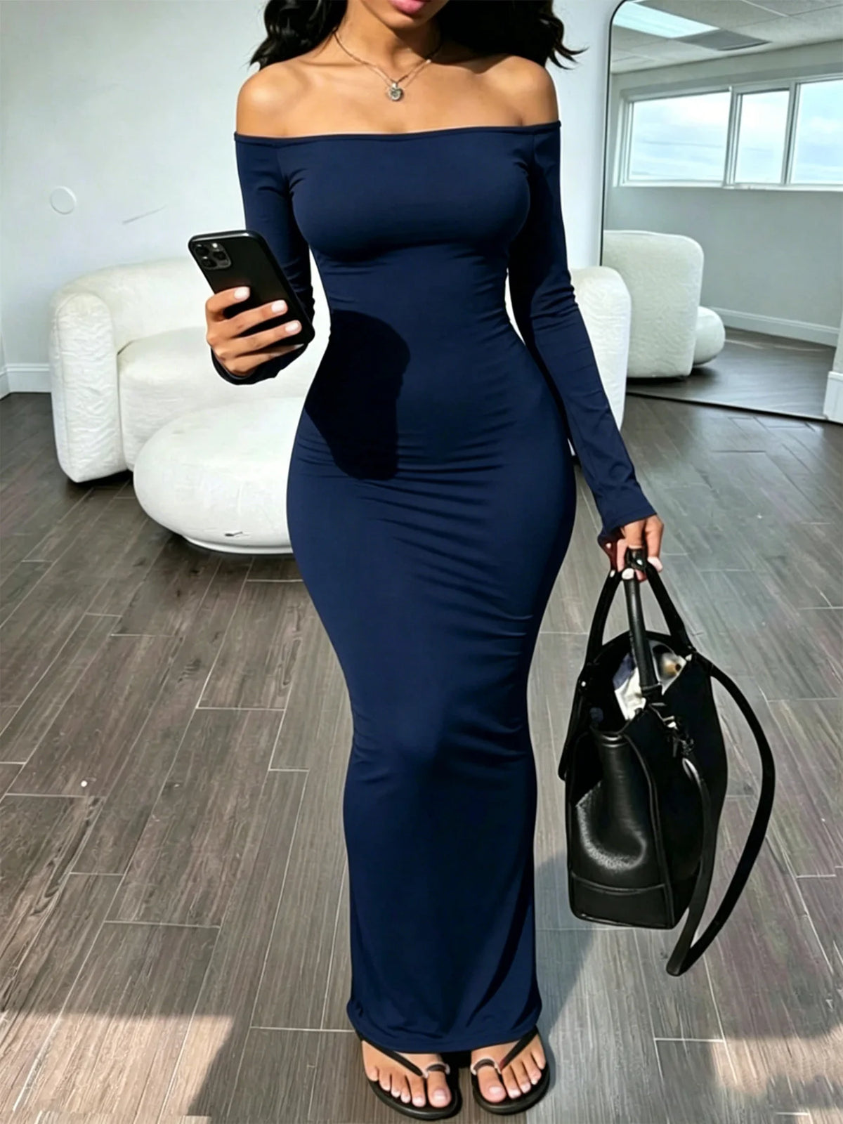 Women Off Shoulder Long Sleeve Maxi Dress, Slim Fit Bodycon Long Dress, Elegant Party Night Out Pencil Dress