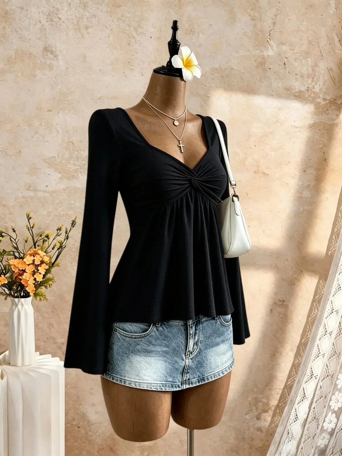 Women Square Neck Twist Front Long Sleeve Top Flare Sleeve Peplum Hem Slim Fit Crop Tee Y2K Casual Sexy Basic Fitted Shirt
