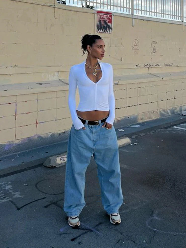 Fashion Sexy T Shirts Women Streetwear Regular Casual Solid Zipper Long Sleeve Blusas Slim Bodycon Skinny Elegant Tees Female