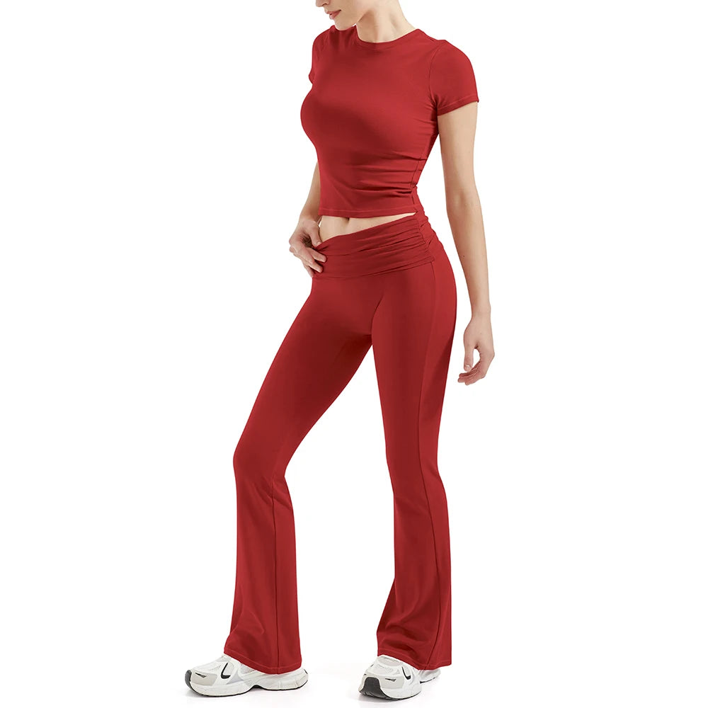 2 Pieces Sports Sets Short Sleeve Seamless Yoga Top Fitness Set Women Workout Running Sports Wid Leg Leggings Gym Suits Female