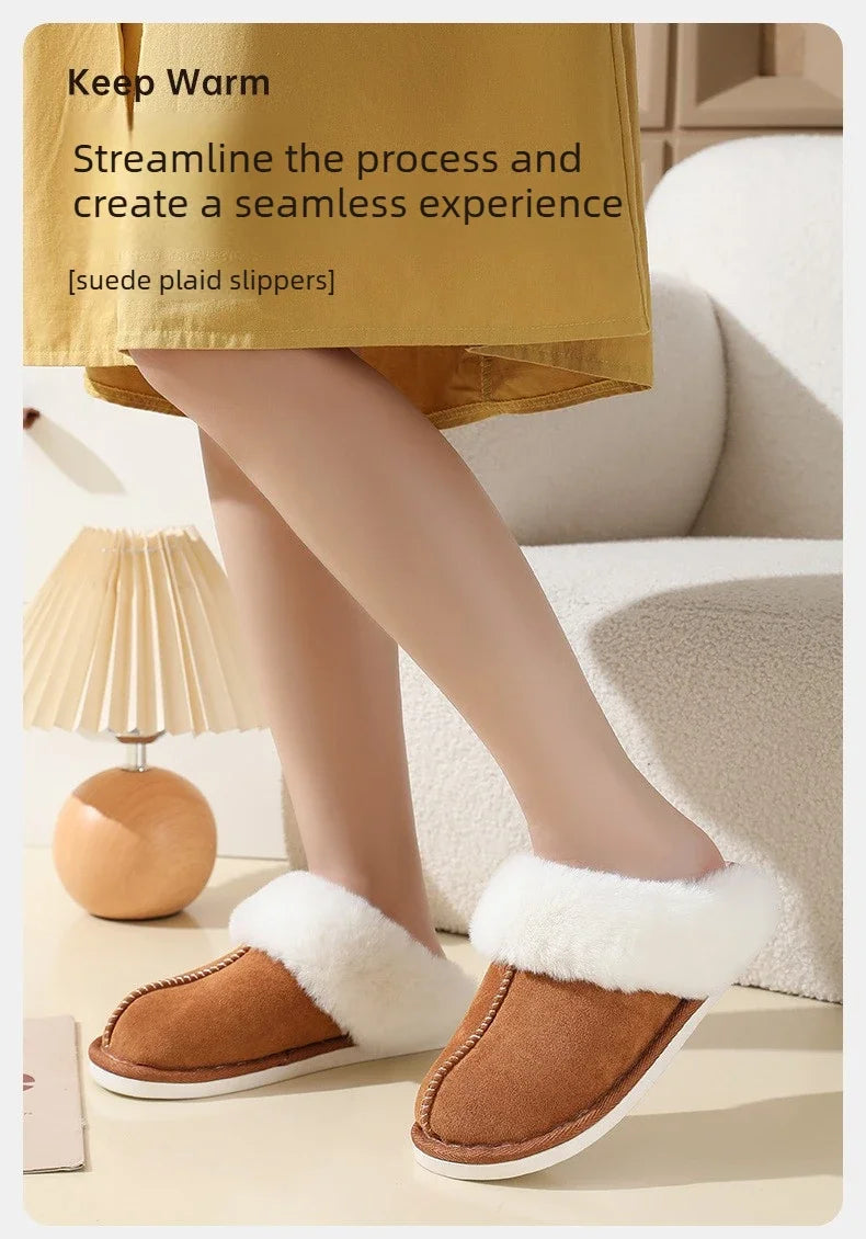 Winter Suede Fur Slippers Women Thick Sole Anti Slip Warm Indoor House Shoes