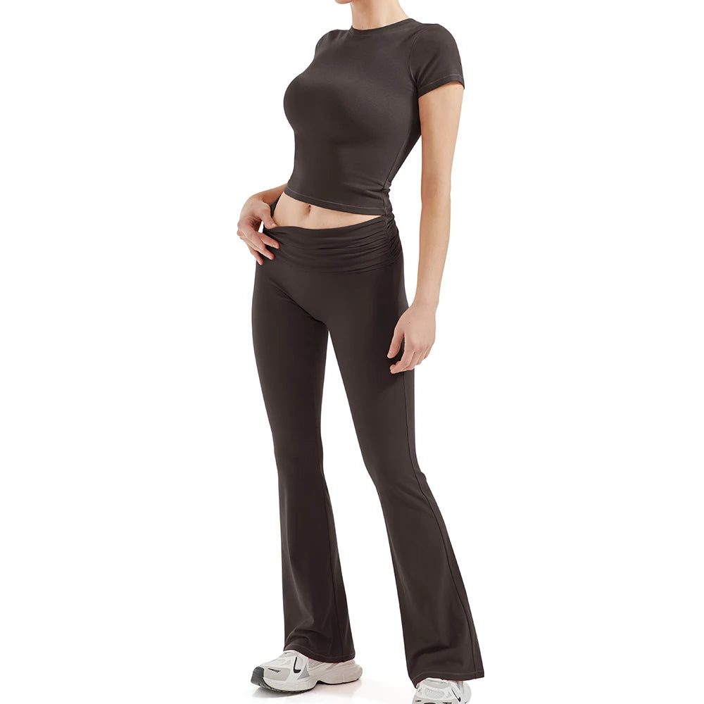 2 Pieces Sports Sets Short Sleeve Seamless Yoga Top Fitness Set Women Workout Running Sports Wid Leg Leggings Gym Suits Female