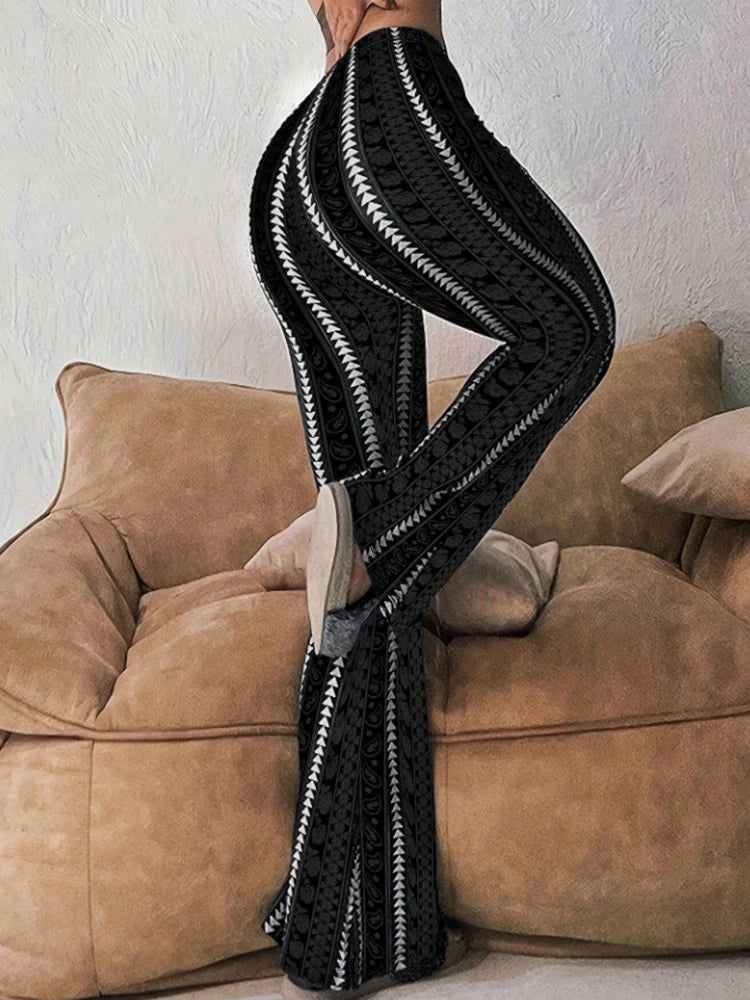 Women Pants Retro Print Flared Leggings Sexy Slim Fit Casual Pants Street Style 2025 Spring Summer Fashion Long Trousers