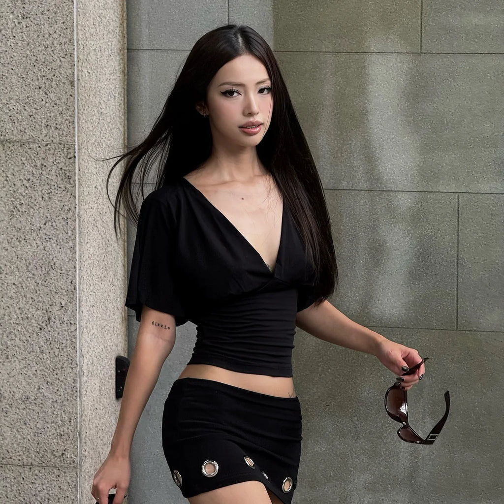 Women's Sexy Deep V Lace Spliced Tie Waist Half Sleeve Slim Crop Tee