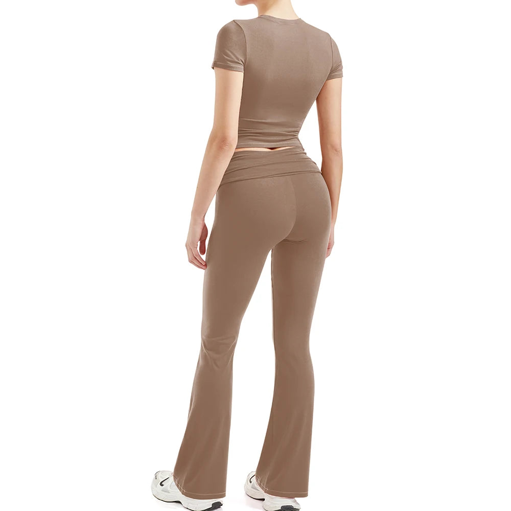 2 Pieces Sports Sets Short Sleeve Seamless Yoga Top Fitness Set Women Workout Running Sports Wid Leg Leggings Gym Suits Female